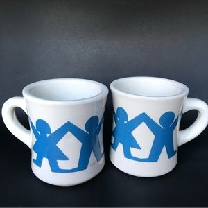 Vintage Coffee Mug Pair (2) MCM Restaurant Ware Boy Girl Stick Figure Art Heavy